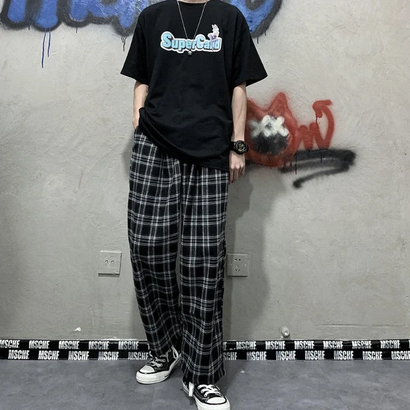 2025 Korean Style Plaid Pants Women Summer New Loose Straight Wide-leg Loose Casual Office Lady Trousers Daily Sweatpants Female