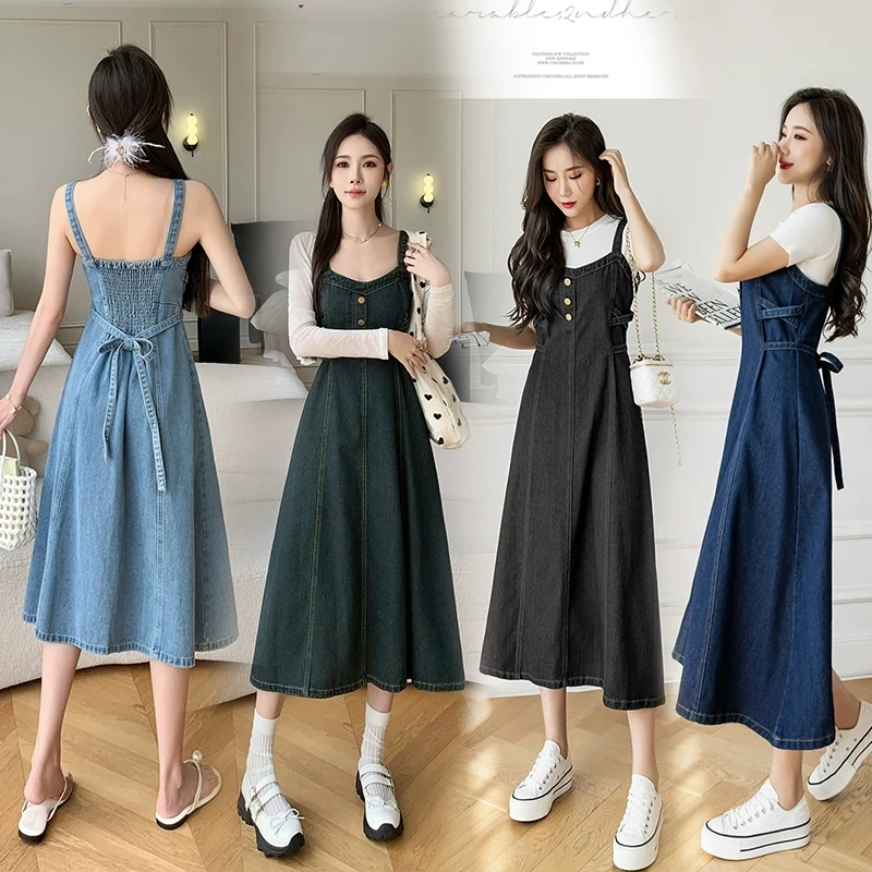 高度なセンスデニムスリングドレス女性の春夏の新サスペンダージーンズドレススリムハイウエストロングドレス Vestidos S-5XL