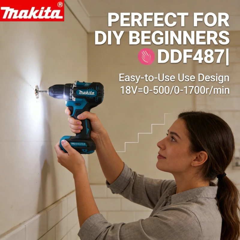 

Аккумуляторная ударная дрель-шуруповерт Makita DDF487 10 мм, бесщеточная, 18 В, литий-ионная, с высоким крутящим моментом
