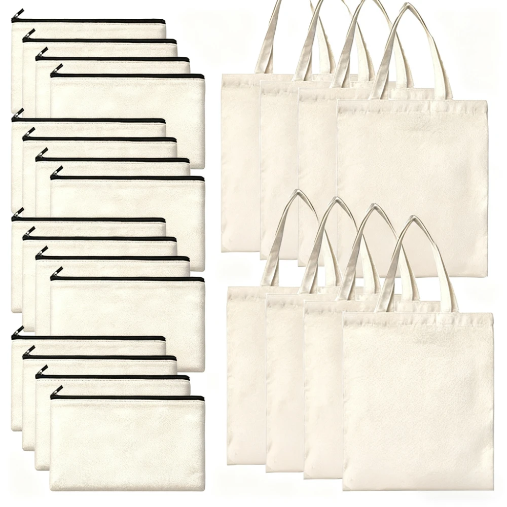 12-Pack Blank Sublimation Tote Bag Set – Includes 6 Bags and 6 Zipper Pouches, Storage Bags for DIY Printing and Craft Projects