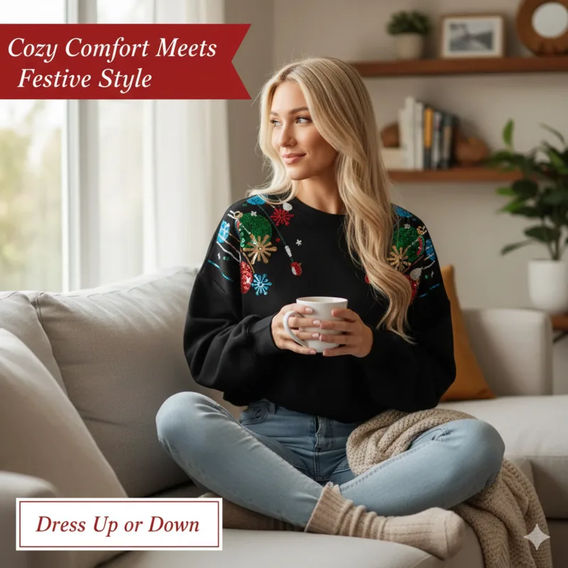 

Women's Holiday Sequin Decorated Sweatshirt Warm Winter Pullover For Christmas Long Sleeve Casual Top With Sparkle Party Style