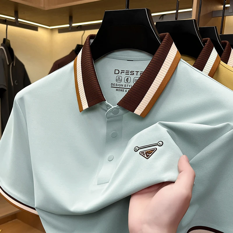 Luxury brand men's polo shirt short sleeve summer fashion triangle badge embossed casual new striped color blocked lapel T-shirt