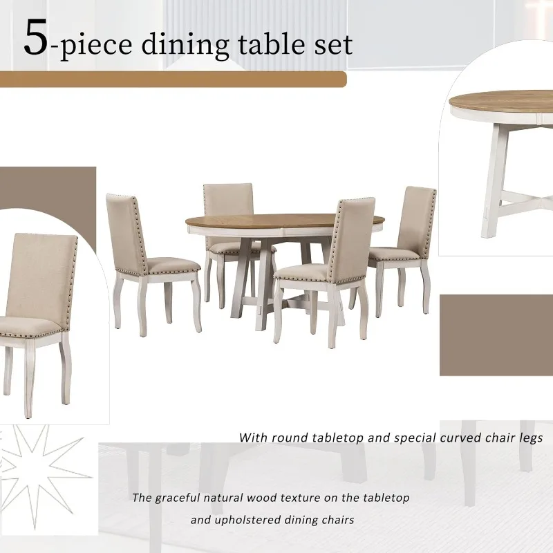 Conjunto de mesa de jantar de fazenda de 5 peças Mesa de jantar extensível redonda de madeira e 4 cadeiras de jantar estofadas