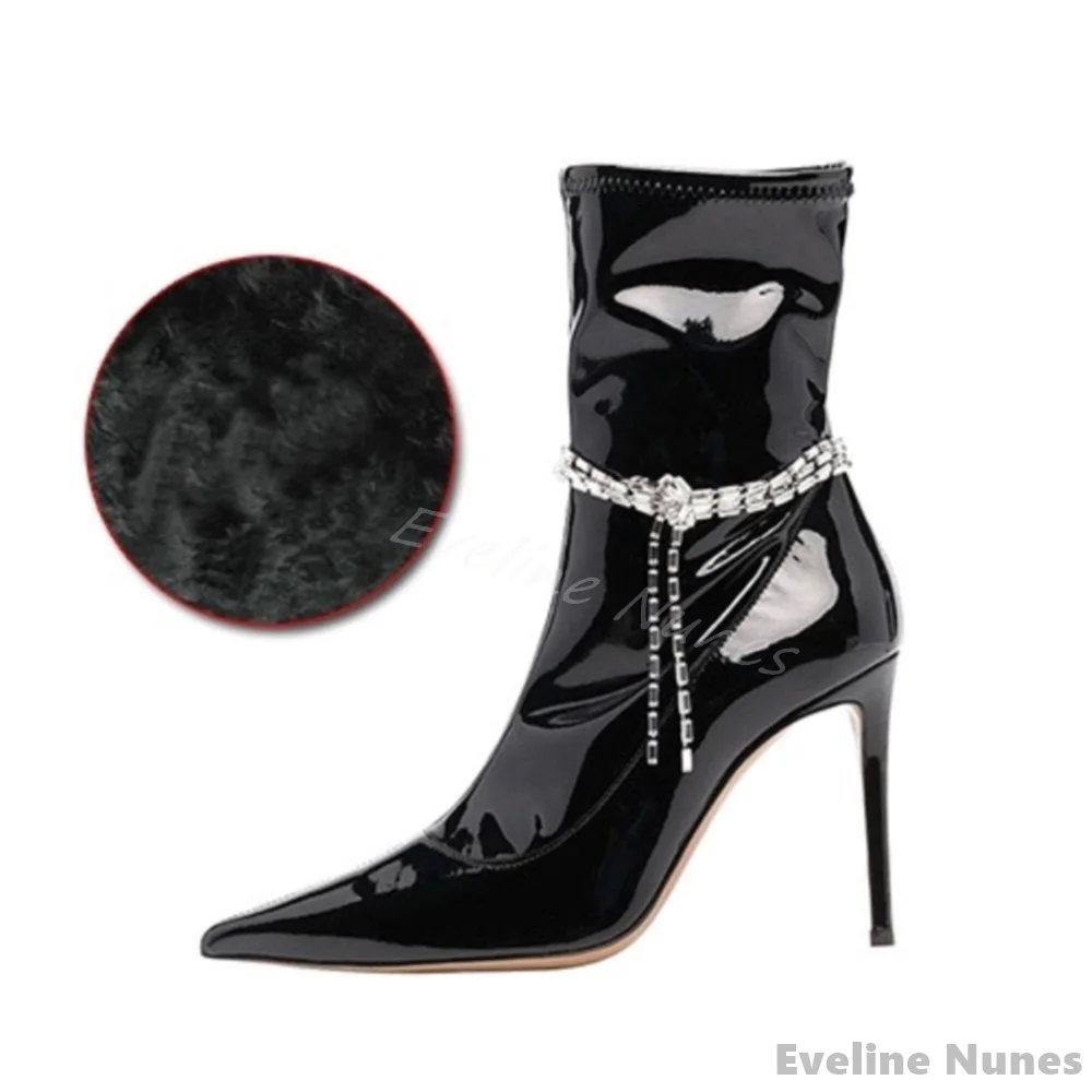 Rhinestone Chain Mid Calf Boots Women Black Patent Leather Pointed Toe Stiletto Heel Side Zipper Boots 2024 Fashion Sexy Boots