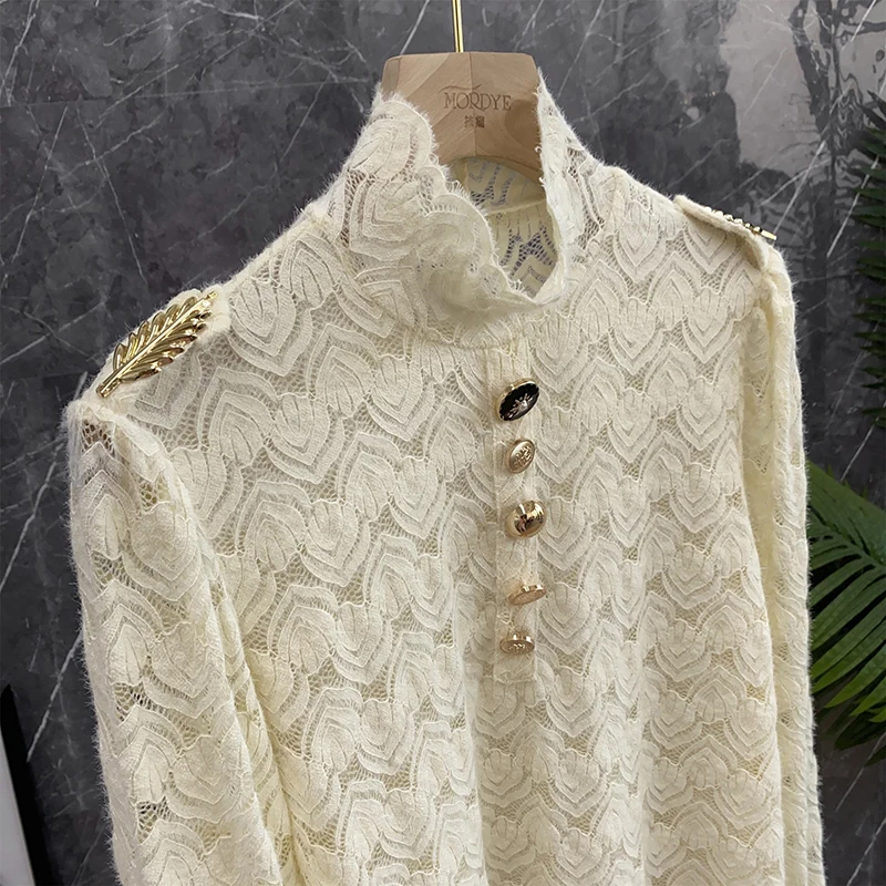 

Ele Knitted Base irt Heavy Embellied Hollow out Bubble Sve Slim Fit Needlework Faionable Commute Sle Long Sve