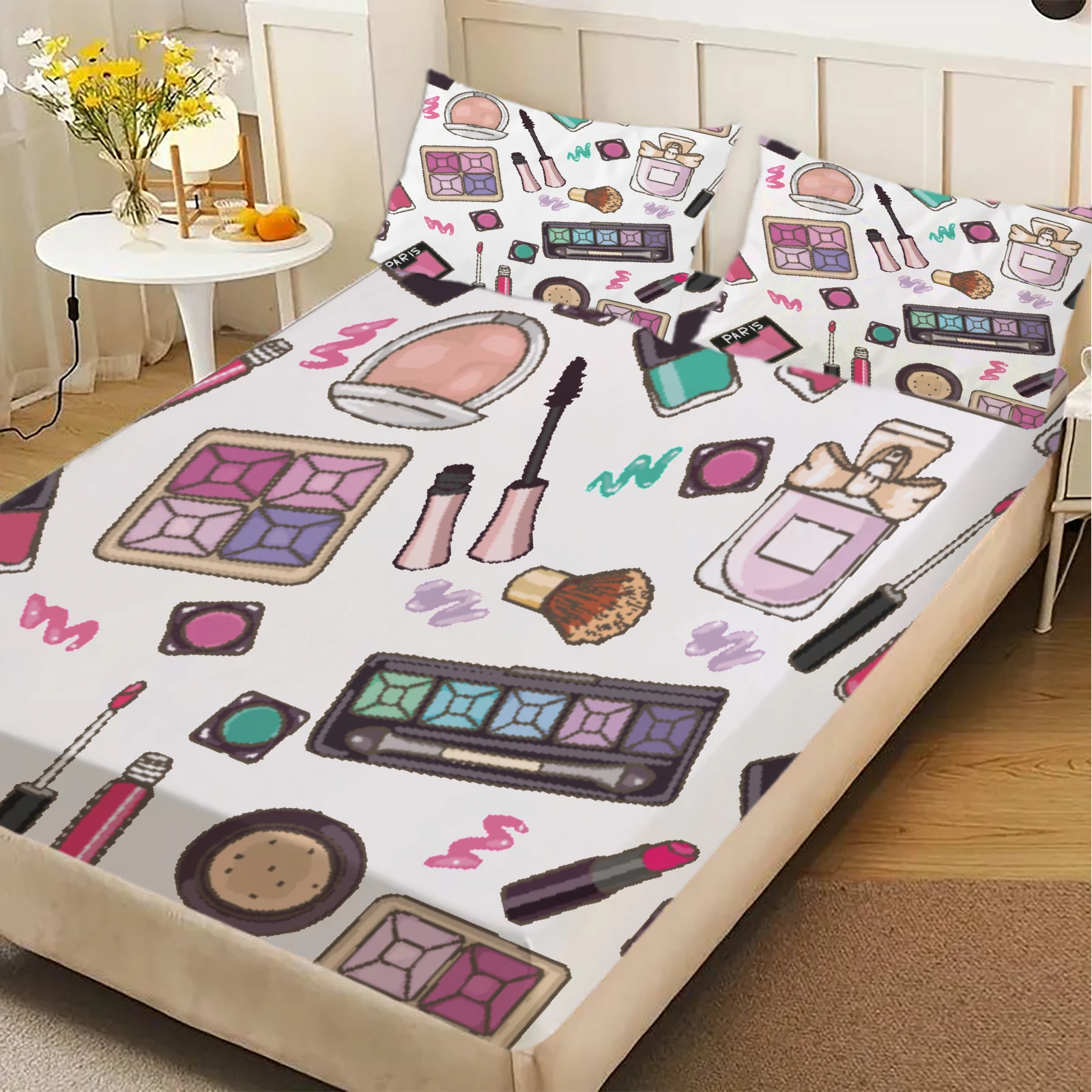3pcs Flat Sheet Set Polyester For Girls Room Decor Makeup Palette Lipstick Brush Perfume Printed Fitted Sheet With Pillowcases