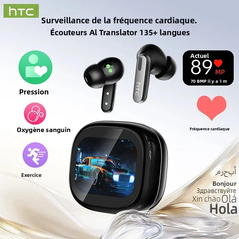HTC NE46 – écouteurs intra-auriculaires sans fil Bluetooth, avec moniteur de fréquence cardiaque, écran tactile LED, réduction du bruit, traducteur AI