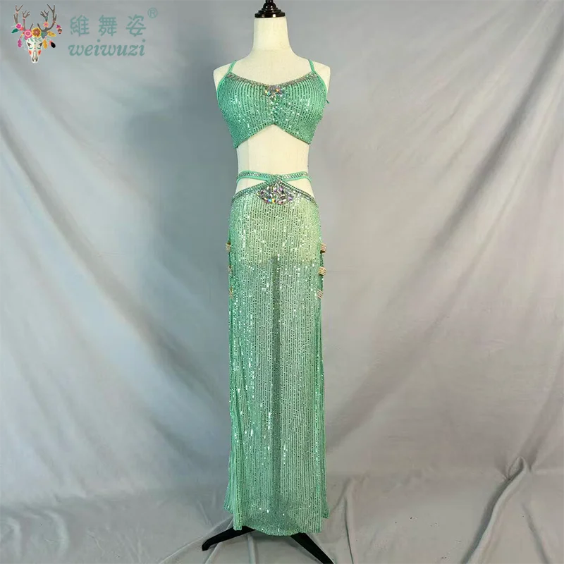 

Belly Dance Competiton Costume Set for Women Sequin Top+split Long Skirt 2pcs Practice Suit Custom Adult Child Oriental Outfit