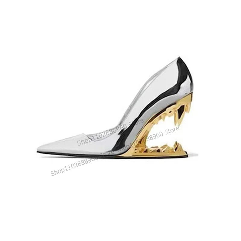 Silver Patent Leather Metal Teeth Heel Pumps Strange Style Heel Women Shoes Slip-On Pointed Toe 2023 Fashion Zapatos Para Mujere