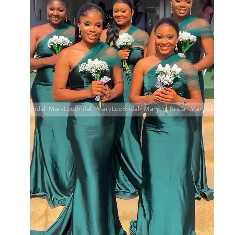 

2026 New Elegant Green Satin Bridesmaid Dresses One Shoulder Tulle Mermaid Formal Wedding Party Gown Vestido Madrinha Customized