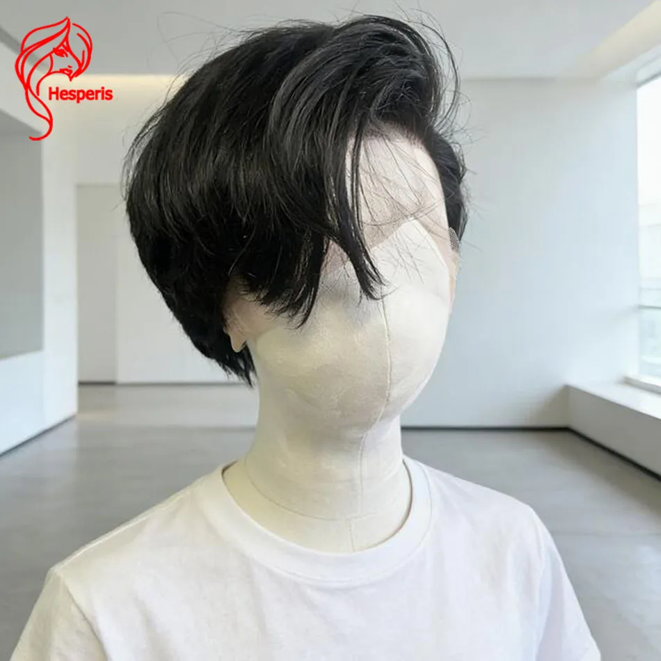 Hesperis Natural Color Side Part Men's Wig Pre Plucked Full Lace Human Hair Short Cut with Bangs for Male Hairpiece Pre Styled