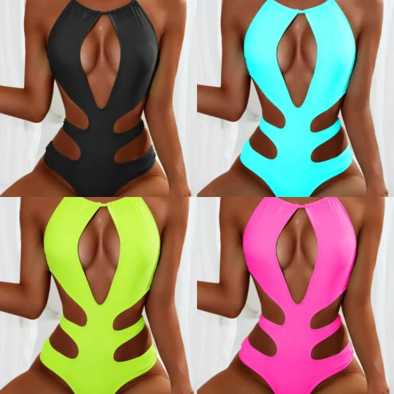 

Fluorescent color sexy halter neck hollow-out one-piece swimsuit bikini hot spring triangle swimwear for women