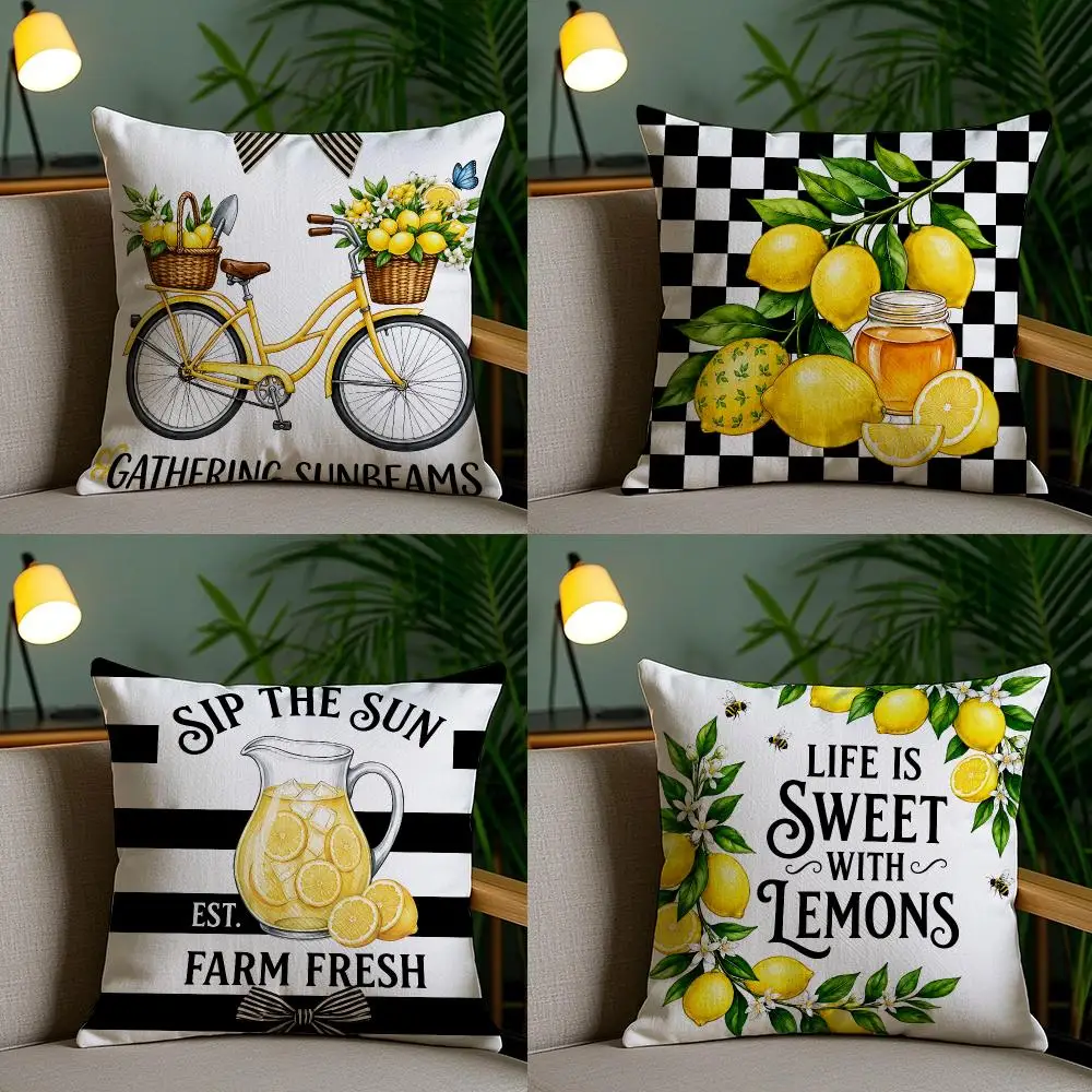 4PC Vintage Bike Lemon Cushion Cover Soft Plush Double-Sided Print Pillow Case Home Decor for Sofa Living Room Gift