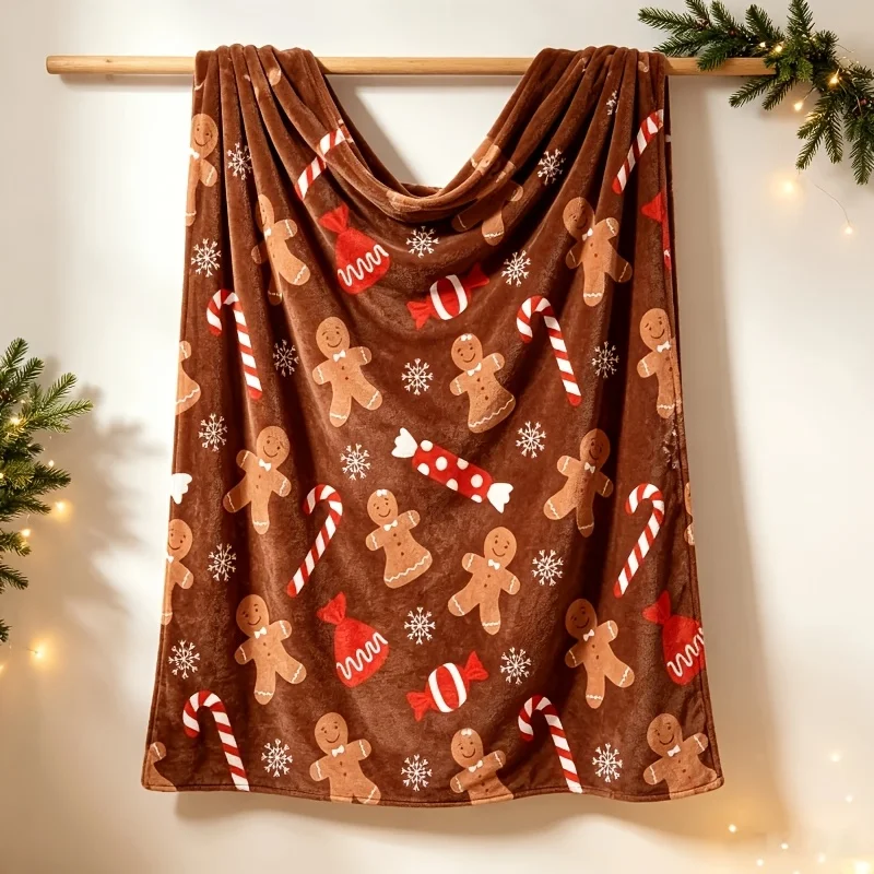 Brown Gingerbread Man Candy Cane Christmas Print Luminous Flannel Throw Blanket, Cover for Living Room, Sofa, Bay Window, Office Lunch Break, Four Seasons Machine Washable, Gift for Christmas, Halloween, Independence Day, Thanksgiving, Birthday