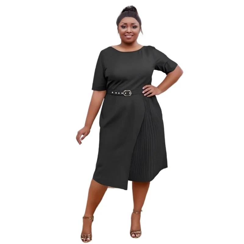 2025 New Women Elegant African Short Sleeve Fold Party Evening Black Midi Dress with Belt Office Lady Work Ankara Party Vestidos