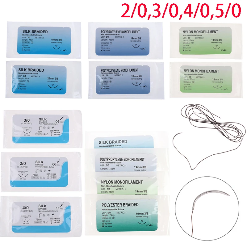 12Pcs 2/0 3/0 4/0 5/0 Medical Needle Suture Nylon Monofilament Thread Suture Practice Kit Teaching Demonstrations Exercises