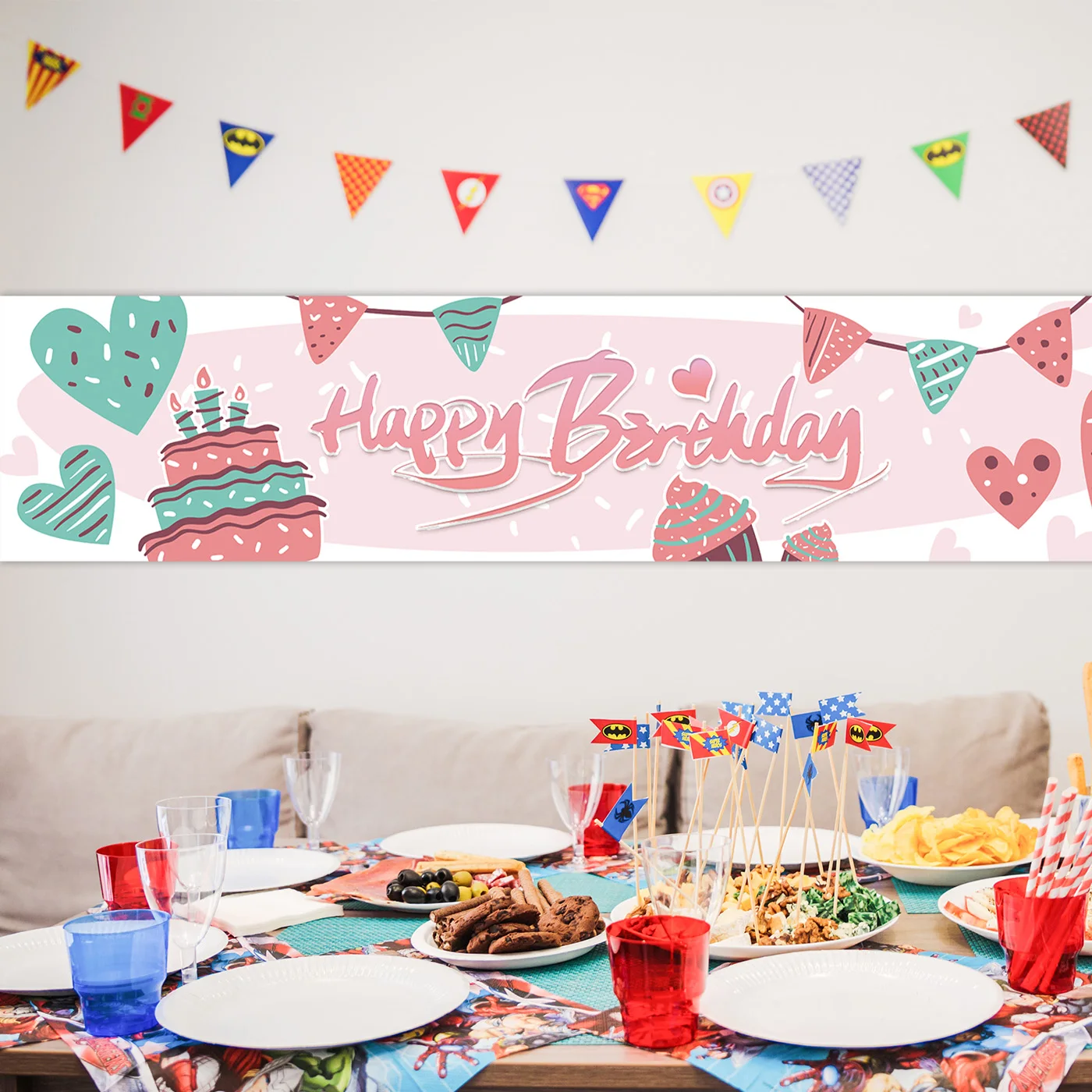 

Birthday decoration, banners, activity, party scenes, home living room, high-end atmosphere, background cloth