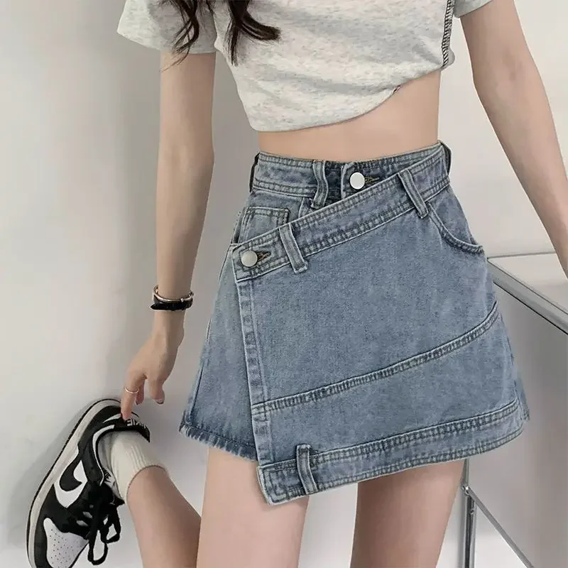 Irregular denim short skirt, half body skirt, women's summer niche design  spicy girl, high waist, slimming  pants trend