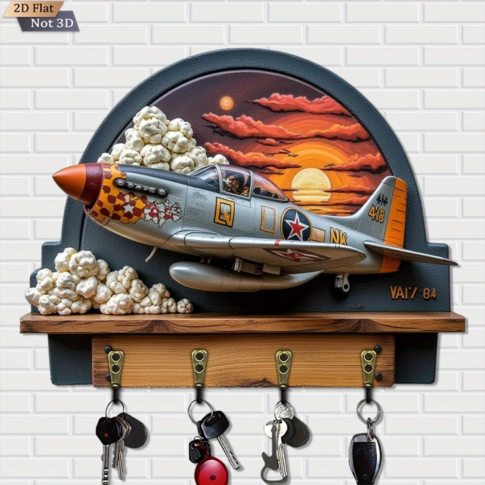 2D Vintage Airplane-Shaped Wooden Key Rack | Wall-Mounted with Four Metal Hooks, Ideal for Home, Porch, Room, Villa Decor,
