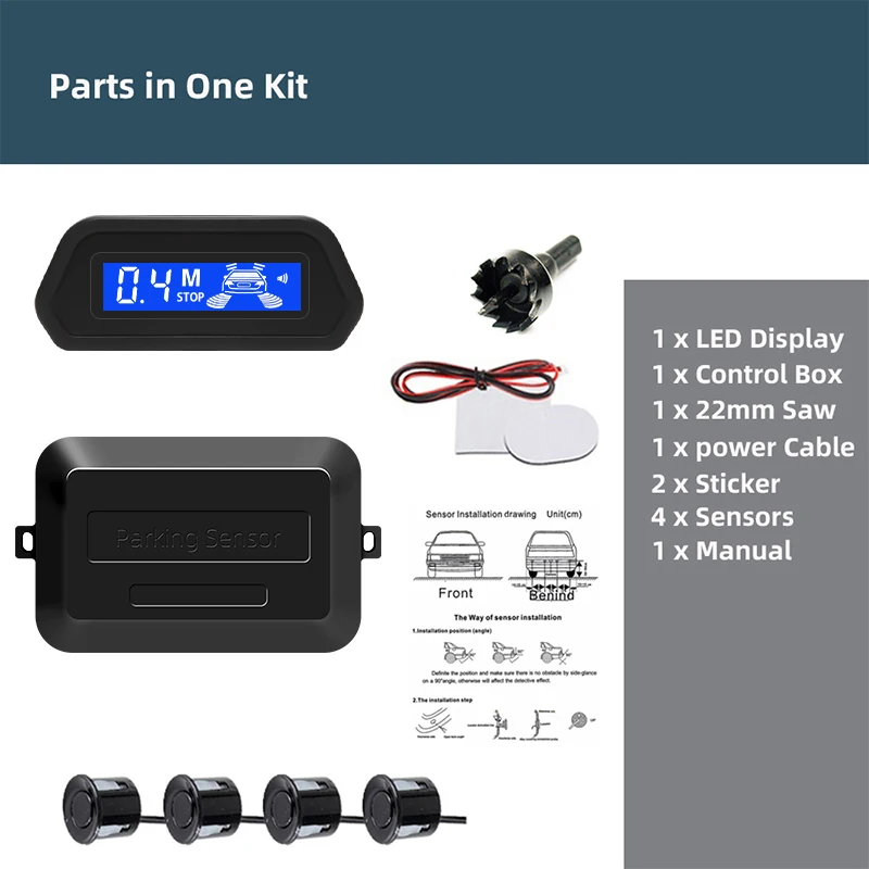 Parktronic Reverse LED Monitor, Sensor de estacionamento, Radar Detector System, Backlight Display, 4 Sensores, 22mm