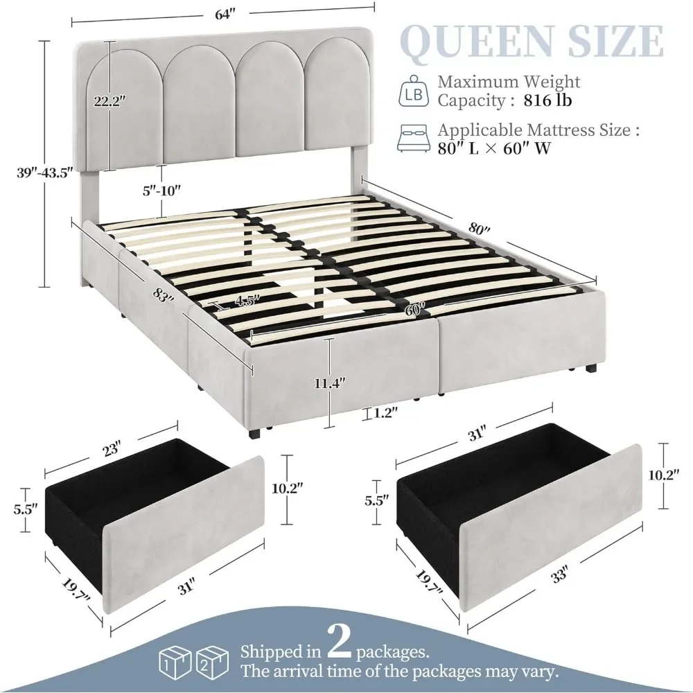 Queen Size Bed Frame, Adjustable Headboard,Arch Channel Tufted Headboard,Sturdy Wood Slat Support, Bed Frame