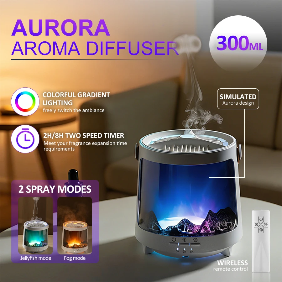 Aurora Aroma Humidifier, 7 Color Light, 2 Mist Modes, 2-8H Timer, 300ml, Essential Oil Diffuser, Perfect for Christmas Gift