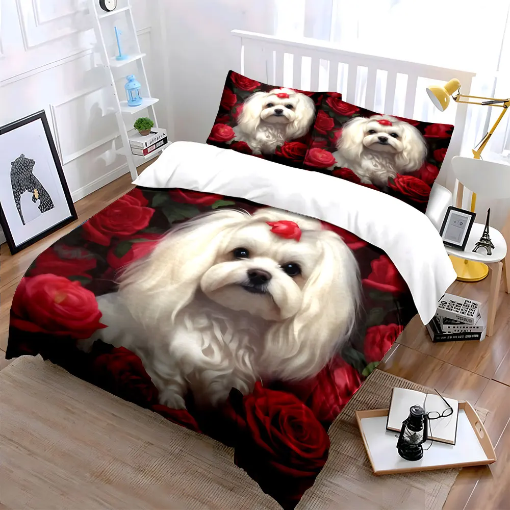 

"Cute Dog Surrounded by Roses" Exquisite three-piece bedding set gift for kids and adults