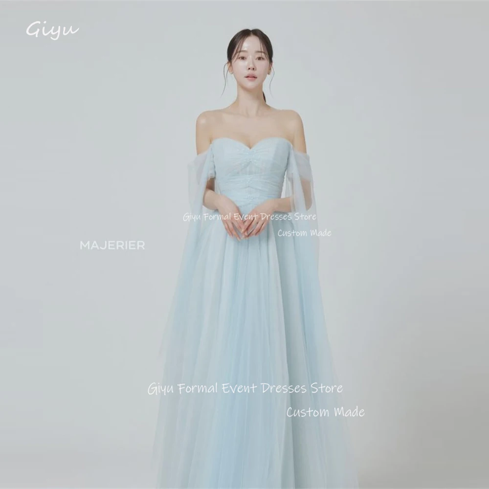 

Giyu Elegant Light Blue Evening Dresses Korea Wedding Photoshoot Off Shoulder Soft Tulle Shiny Beads Formal Occasion Party Dress