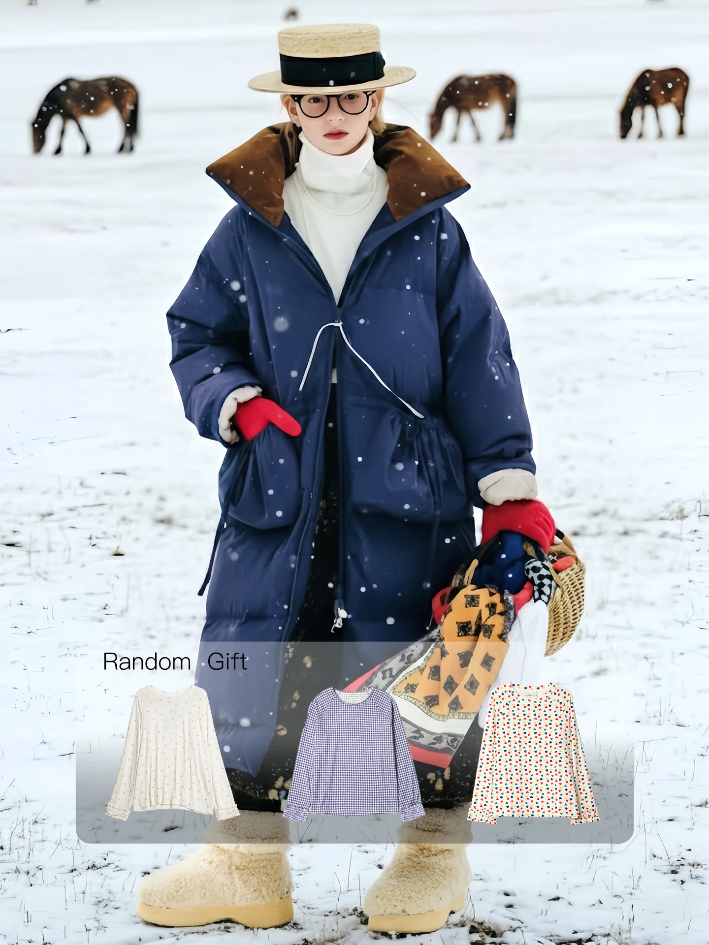 

Women's Navy Blue Stand-Collar Drawstring Down Jacket Loose Long-length Warm Coat Stylish & Elegant for Winter Outings 255258