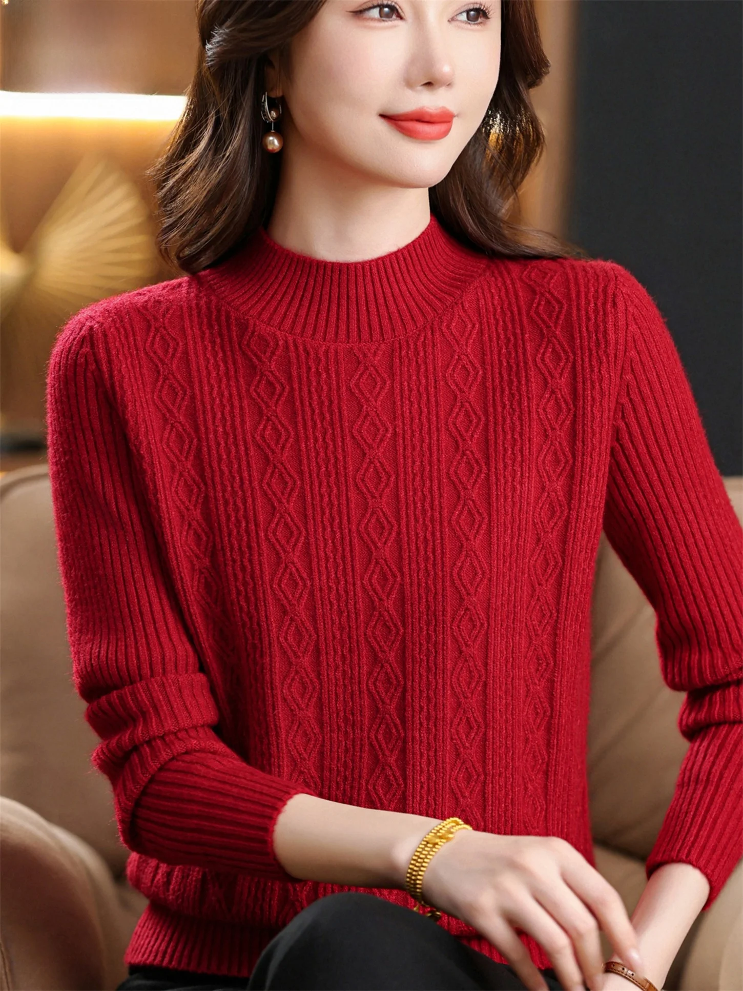 

Теплый вязаный свободный женский свитер Thiened с высоким воротником и верхним воротником для осенне-зимних женщин среднего возраста и ly