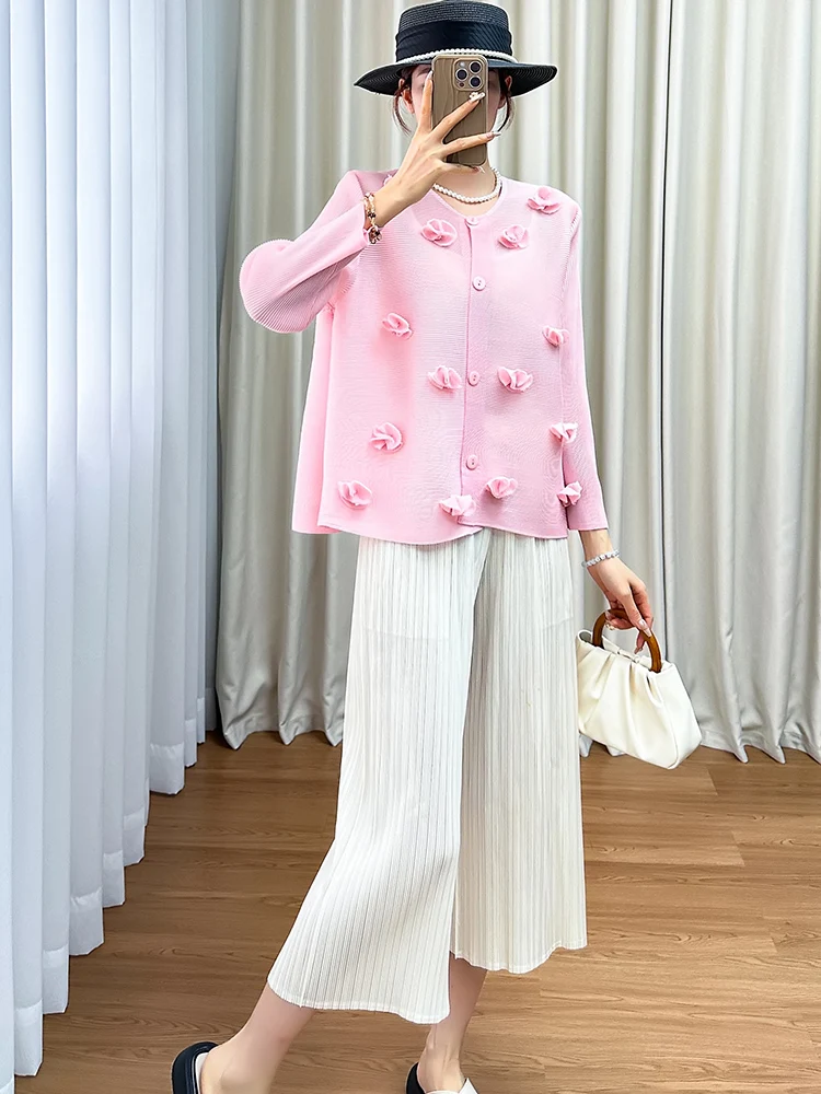 

Casual Wide Leg Pants Set Long Sleeve Small Flower Design Versatile Nine Points Pants Simple Commute Style Polyester Fiber