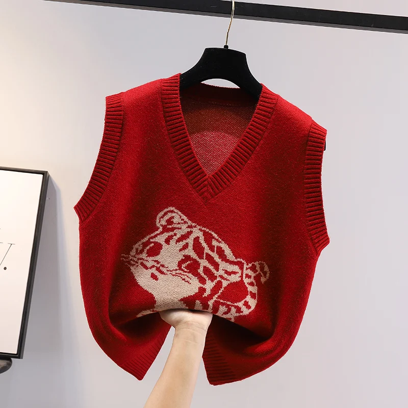 

Red Knitted Vest Women's Sweater Top V-Ne Svel Regular Fit Commute Sle Pure Color Embroidery Detail Autumn New Arrival