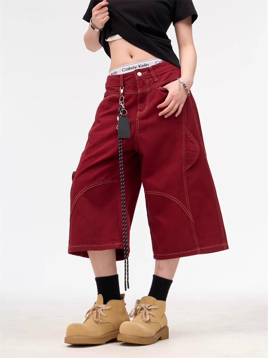 Dames casual rode losse wijde pijpen kuitlange broek jong meisje zomershorts vrouwelijke hoge taille capribroek