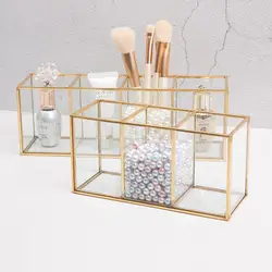 Transparent Glass Makeup Brush Storage Box Gold Cosmetics Container Ring Pencil Lipstick Holder Make Up Brushes Organizer