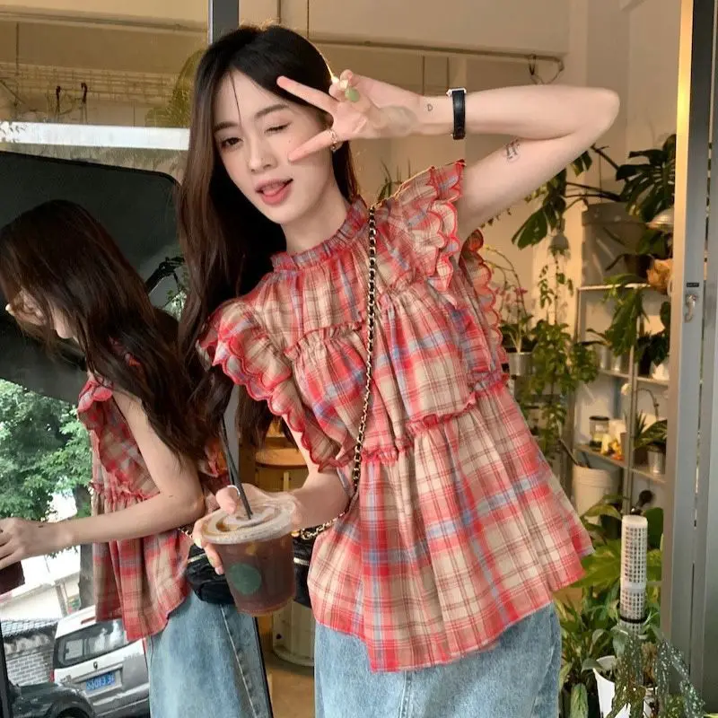 Women's 2026 Summer New Sweet Flutter Sleeve Plaid Blouse Loose Ruffled Babydoll Top Design Korean Chic Coquette Y2K Streetwear