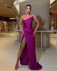 Satin Strapless Mermaid Prom Dresses With Split 2024 Pleated Corset Sleeveless Backless Formal Evening Gown Long Bridesmaid Gown