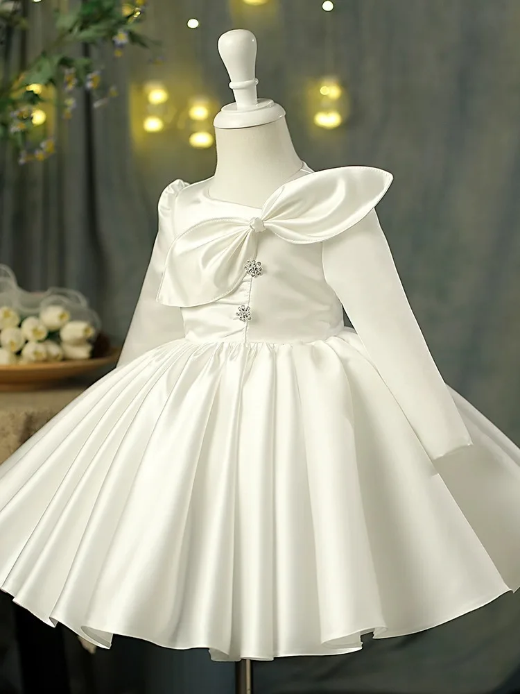 Luxurious Satin Girl Party Dress Big Bow Kids White Christening Elegant Dresses for Bridesmaid Wedding Princess Birthday Gown 5T