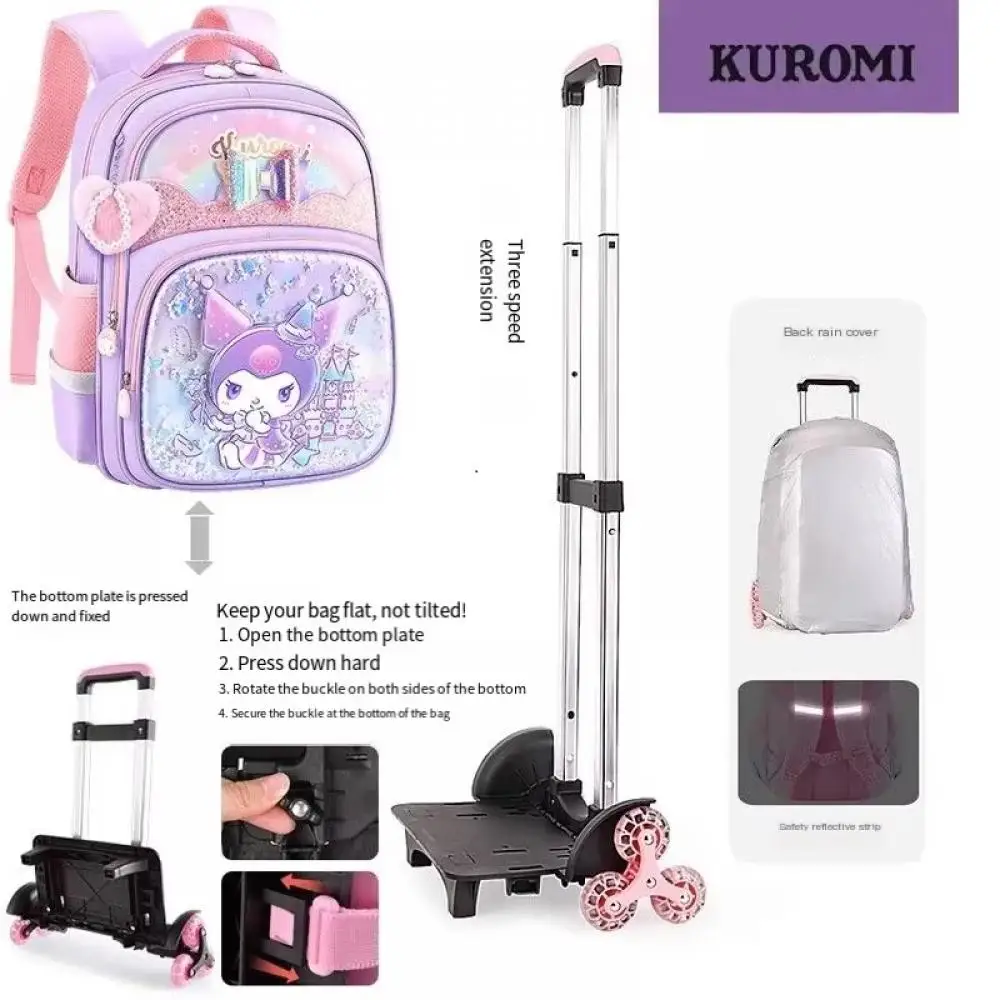 Mochila escolar para niños Sanrios Anime Hello Kitty Trolley Bag Kuromi mochila para estudiantes con ruedas ahorrar esfuerzo regalo duradero de alta capacidad