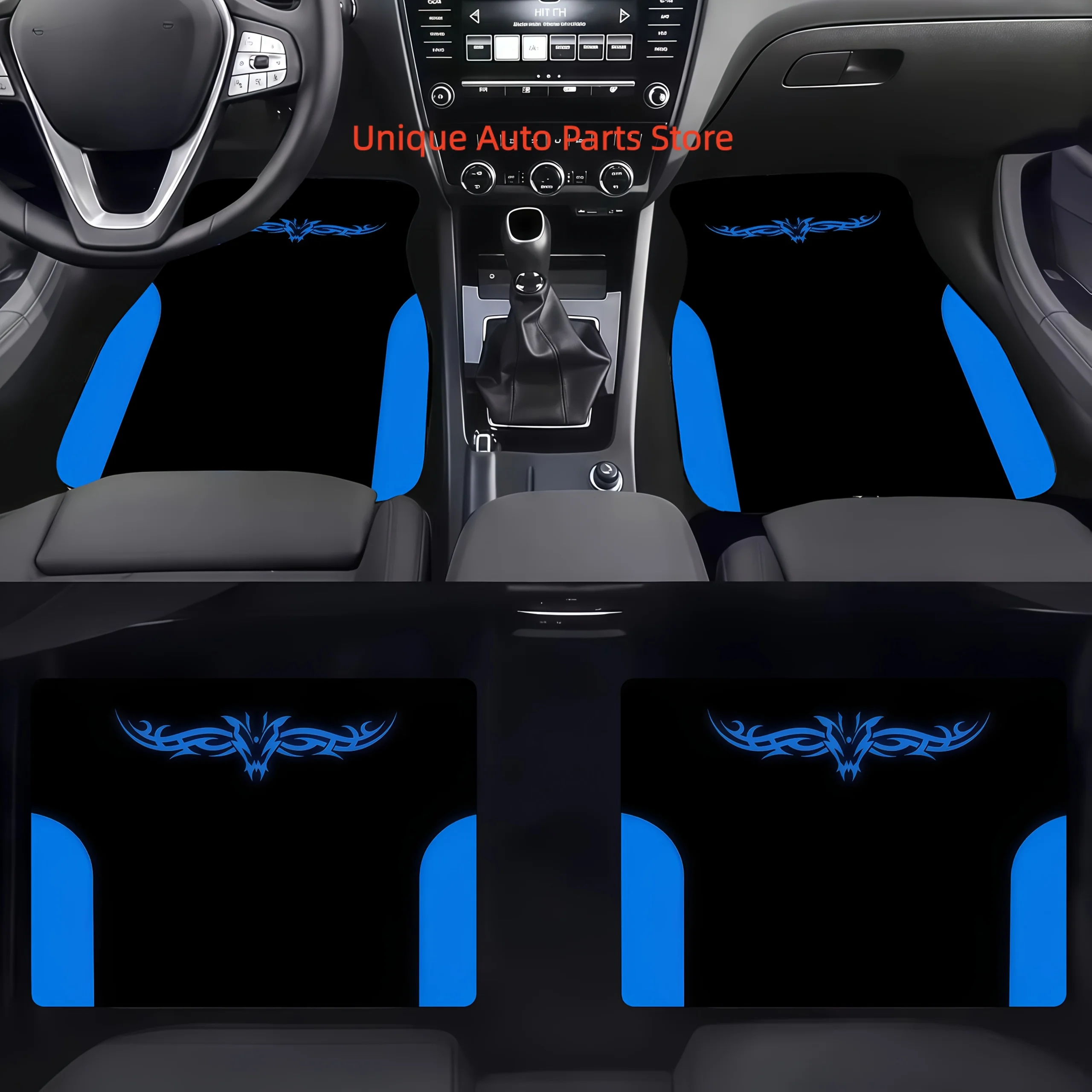 4pcs Car Floor Mat Set, Featuring a Black and Blue Tribal-style Pattern Design. Made of Material, It Is Both Stylish and Durable