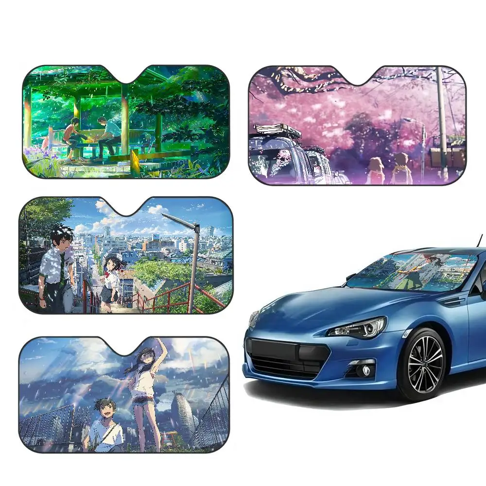 M-Makoto Anime S-Shinkai Sunshade Windscreen Fold-up Car Front Windshield 70x130cm Car Window Windscreen Cover Heat Reflector