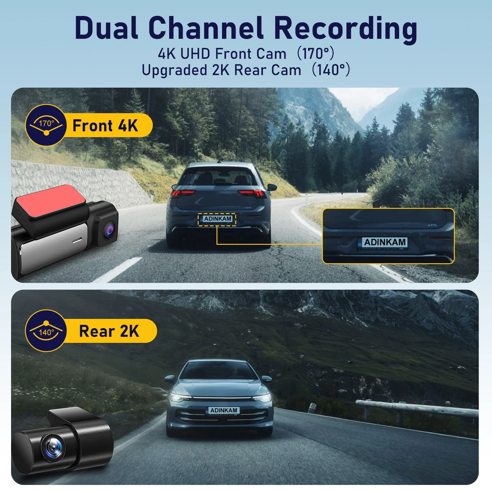 Adinkam 4K for Car Camera Dash Night Vision with Wifi APP Control GPS Dash Cam Car DVR G-sensor 4K Front and 2K Rear Dual Lens