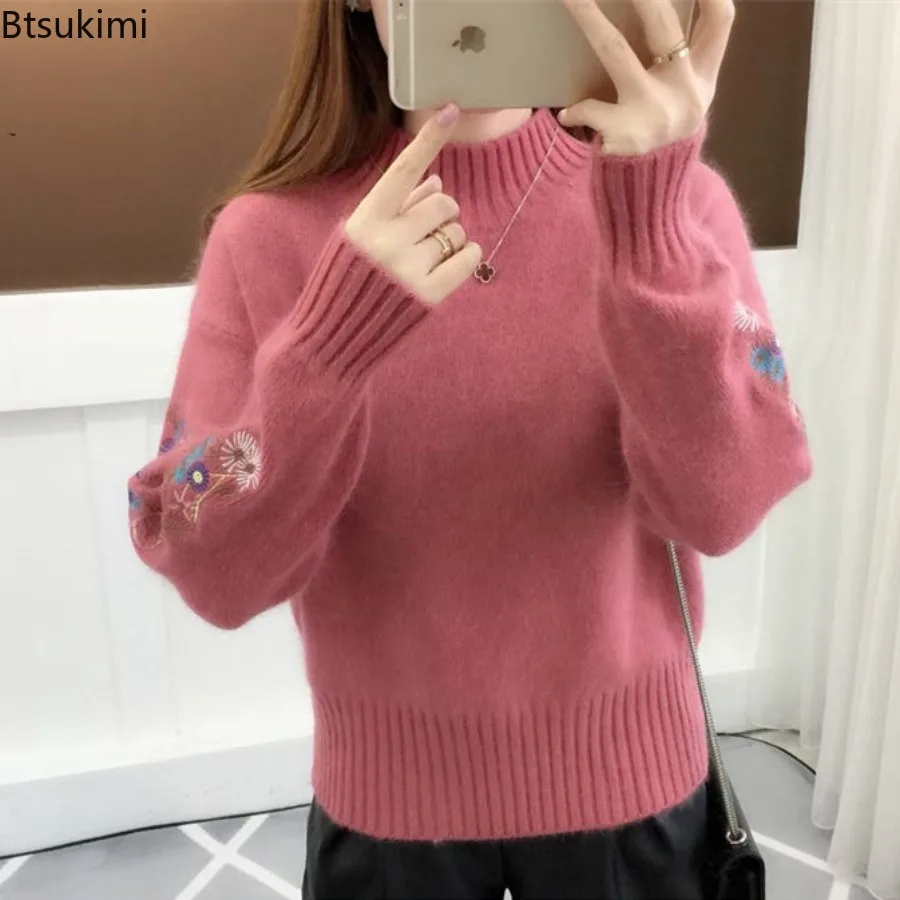 Damski sweter z haftowanymi rękawami na jesień i zimę, dzianinowy pulower z długimi rękawami, odzież damska, vintage, luźny sweter z półgolfem.