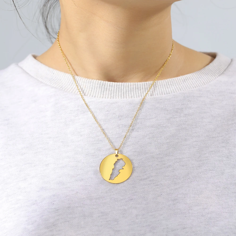 Dawapara Lebanon Map Pendant Necklace Minimalist Map Outline Persian Calligraphy Stainless Steel Jewelry World Travel Gift