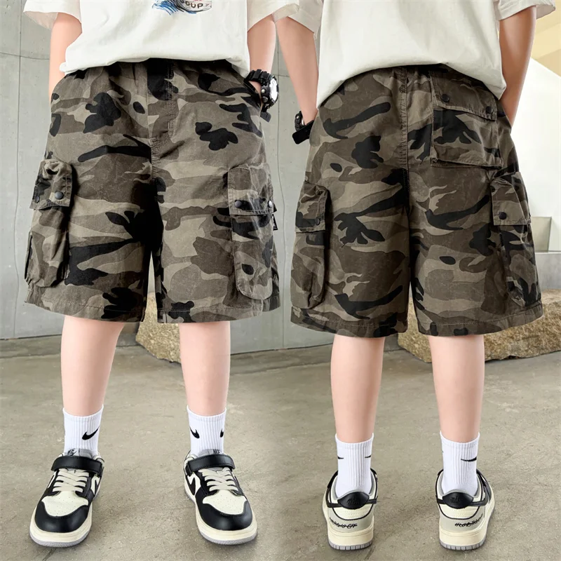 Hot Sale Tweens Boys Camo Cargo Shorts with Pocket Teenage Child Loose Style Military Tactical Work Shorts Kids Camouflage Pants
