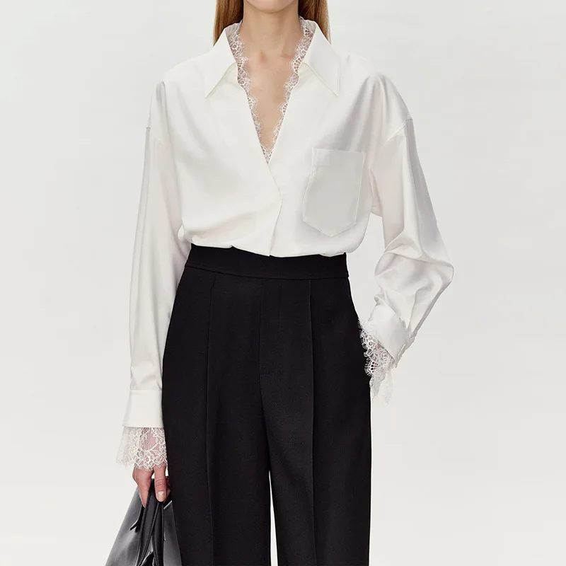 

Женская блузка с V-образным вырезом и прямым кроем, с кружевной отделкой, глубоким V-образным треугольным воротником, романтичными кружевными манжетами и дизайнерским оформлением выреза горловины, повседневный топ
