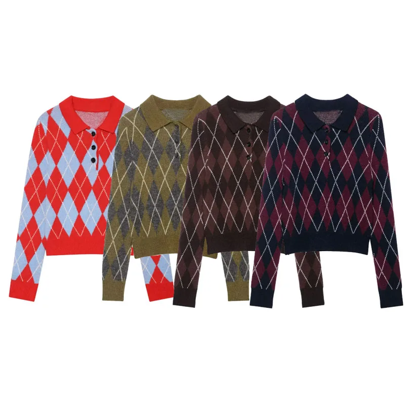 Guobioziy Women's Vintage Diamond Check Knit Sweater Polo Collar Half-Button Long Sleeve Cropped