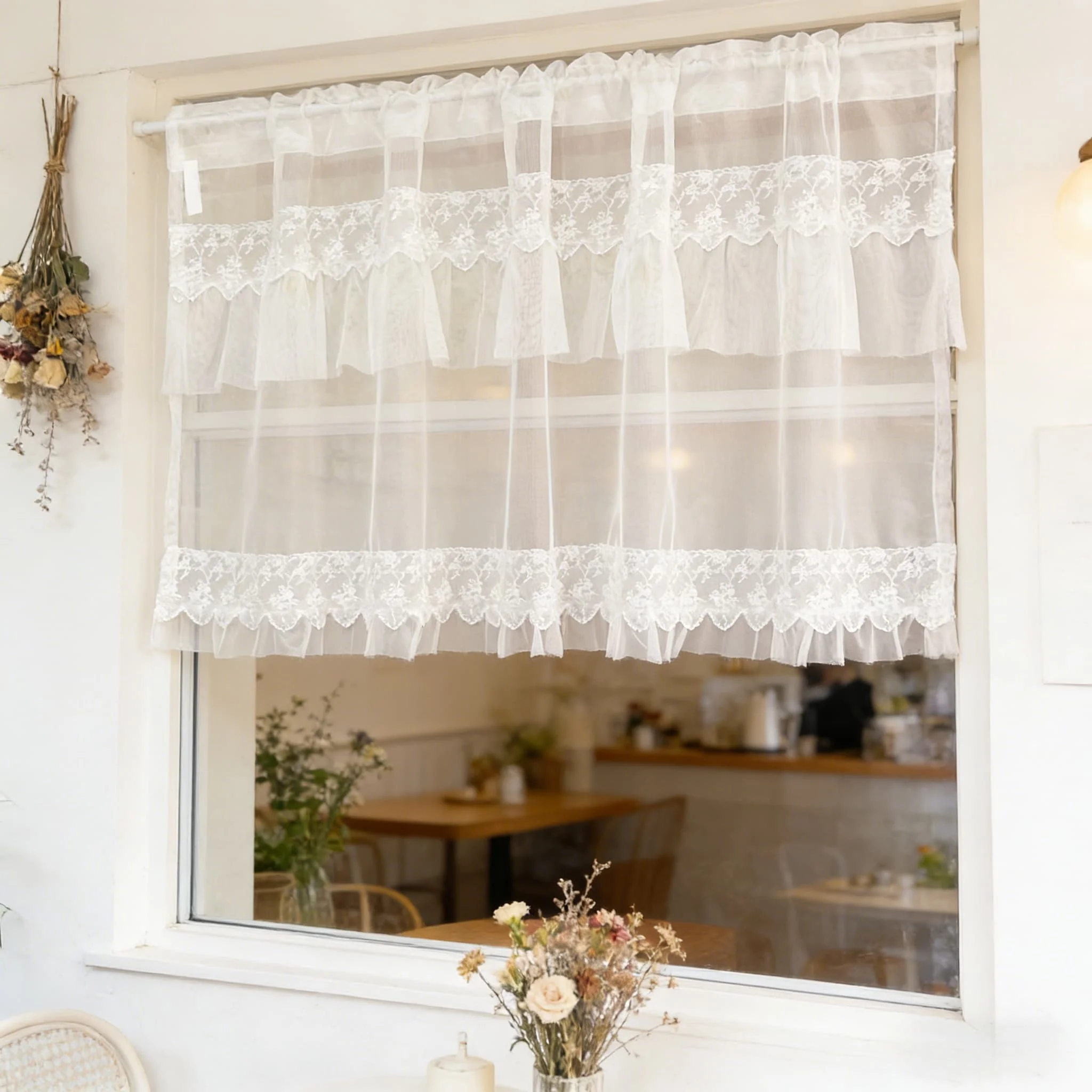 

White Lace Embroidered Short Curtains, French Romantic Vintage Ruffle Curtains for Window Panel Rod Pocket Curtains