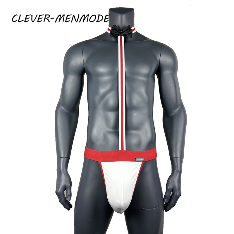 CLEVER-MENMDOE 참신 섹시한 남성 Mankini 끈 게이 속옷 에로틱 란제리 웨이터 포르노 의상 멜빵 바디 슈트 넥타이 테디