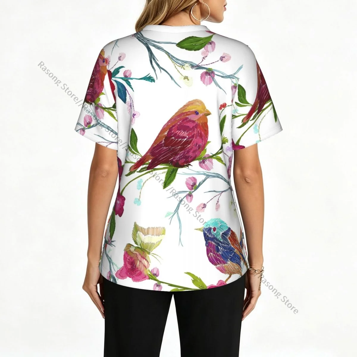 Women Scrubs Blouse Medical Nurse V-neck Clinical Scrubs Top Bird Butterfly Flower Leaf Tree Branch Operating Room Work T-shirt