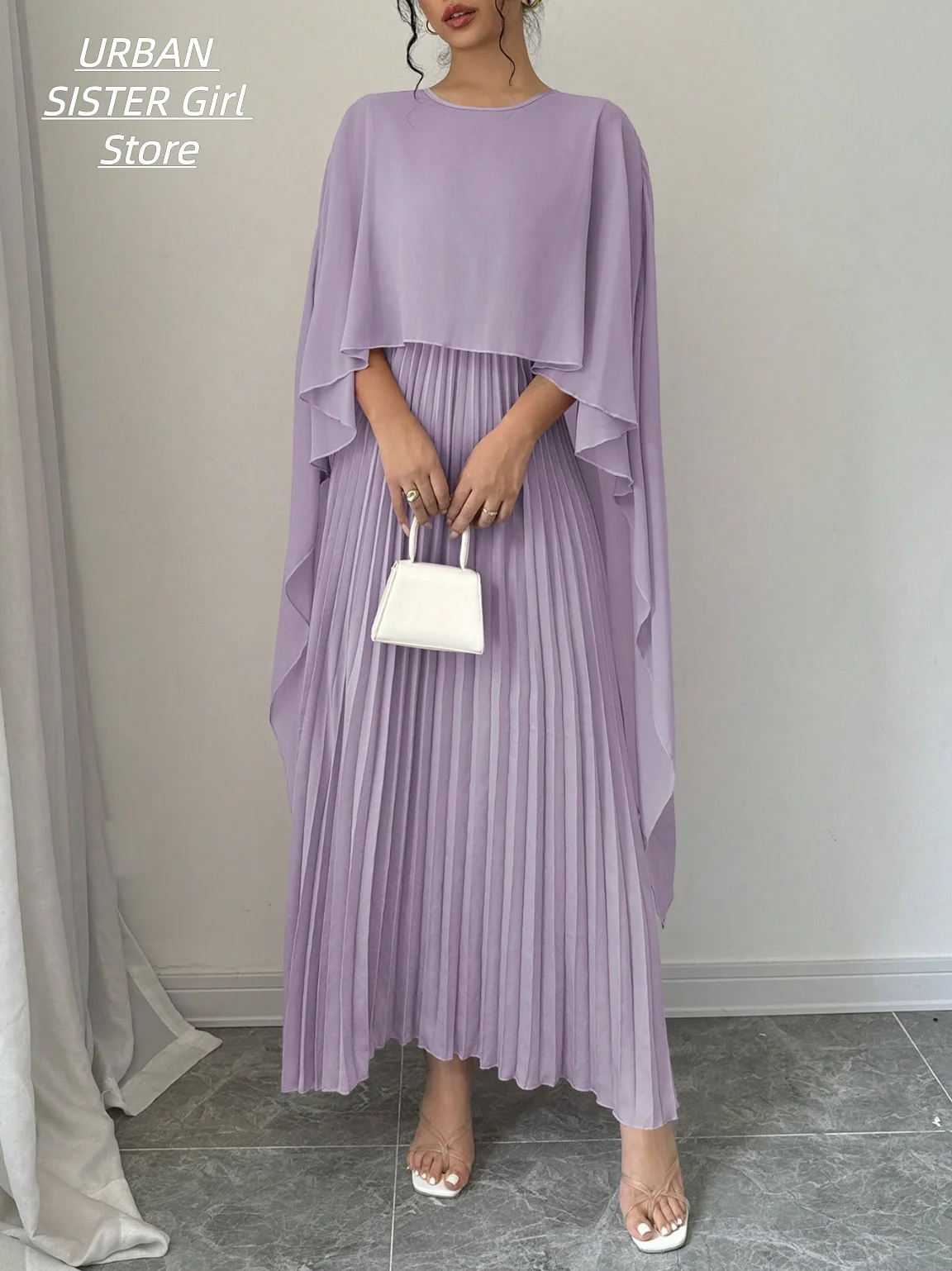 Light Purple Round-Neck Cape Shawl Long-Sleeve High-Waisted Pleated Long Dress, Gentle and Elegant Chiffon Wedding Bridesmaid Banquet Gown
